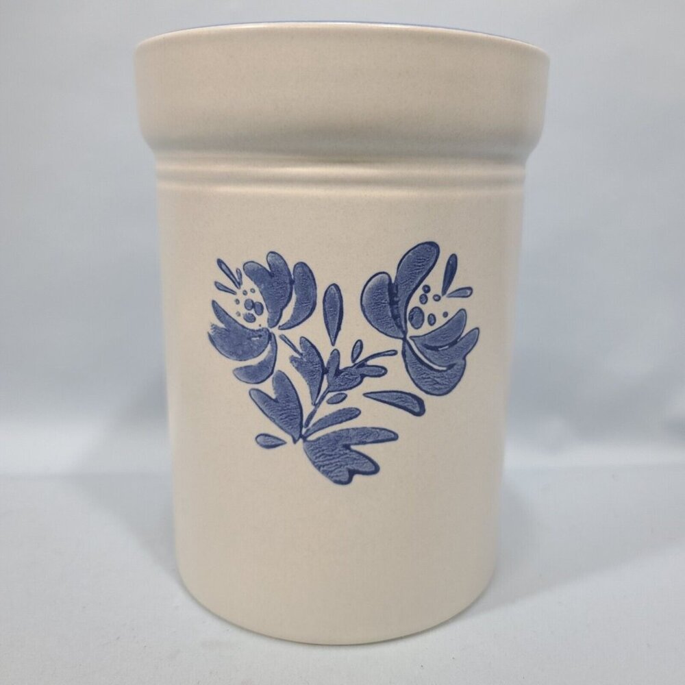 Pfaltzgraff Yorktowne Utensil Holder Stoneware Crock Blue White Floral USA